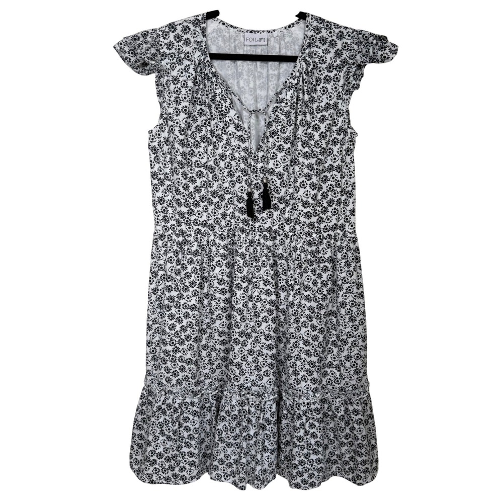 Foil Womens Floral Cotton Mini Dress Black White Daisy Tassel Flutter Sleeve 8